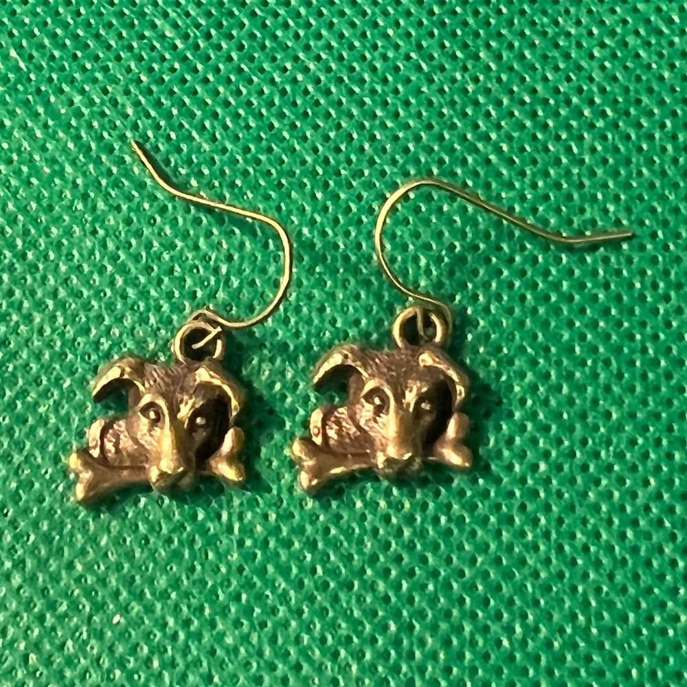 Dog with a Bone Bronze Tone French Hook Pierced Earrings 0243